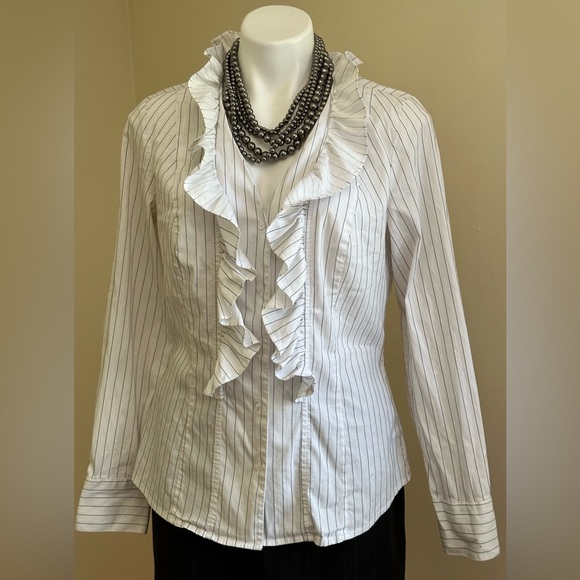 Loft Ann Taylor White With White & Black Stripes Button Down ruffle Blou… - Picture 2 of 12